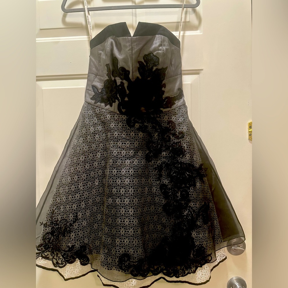 Karen Millen Black and Silver Strapless Embroidered Cocktail Dress